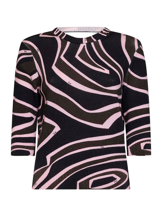 Top con cut-out in maglia di lana stampa Labirinto kaki e rosa