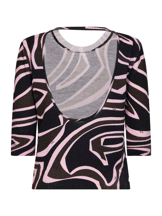 Top con cut-out in maglia di lana stampa Labirinto kaki e rosa