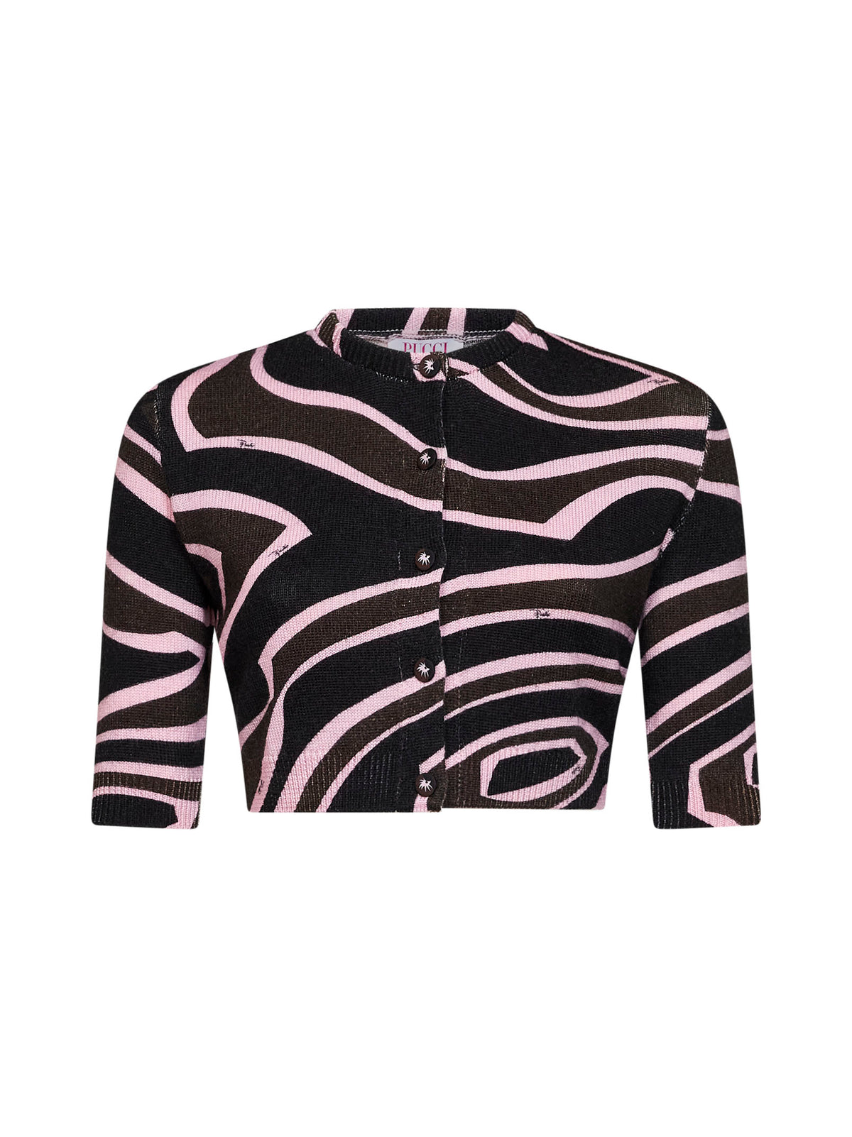Cardigan crop in maglia di lana stampa Labirinto kaki e rosa