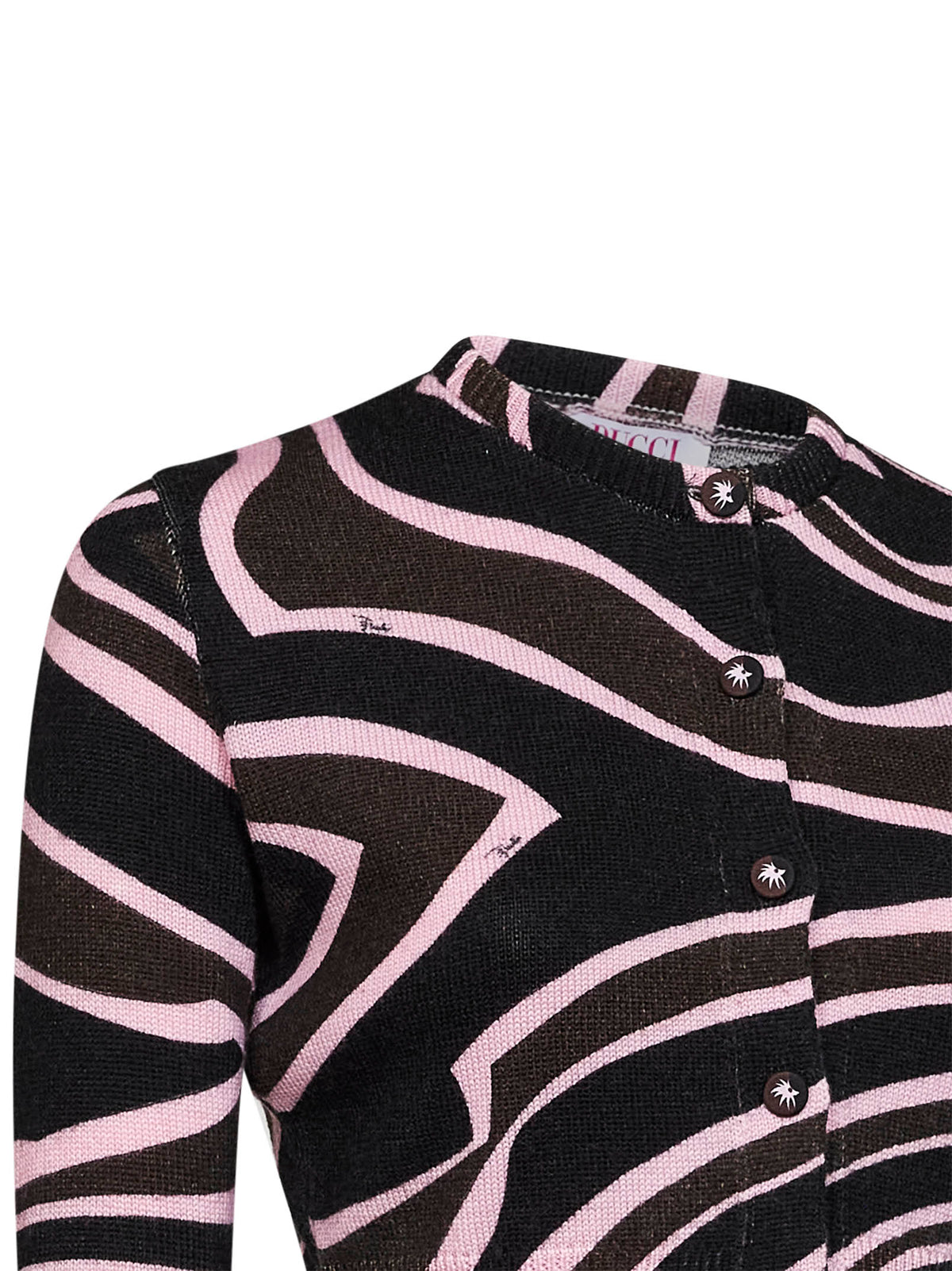 Cardigan crop in maglia di lana stampa Labirinto kaki e rosa