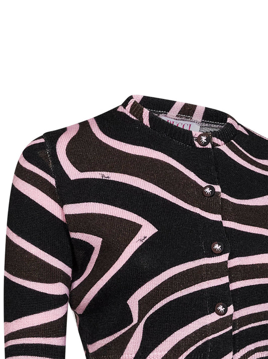 Cardigan crop in maglia di lana stampa Labirinto kaki e rosa