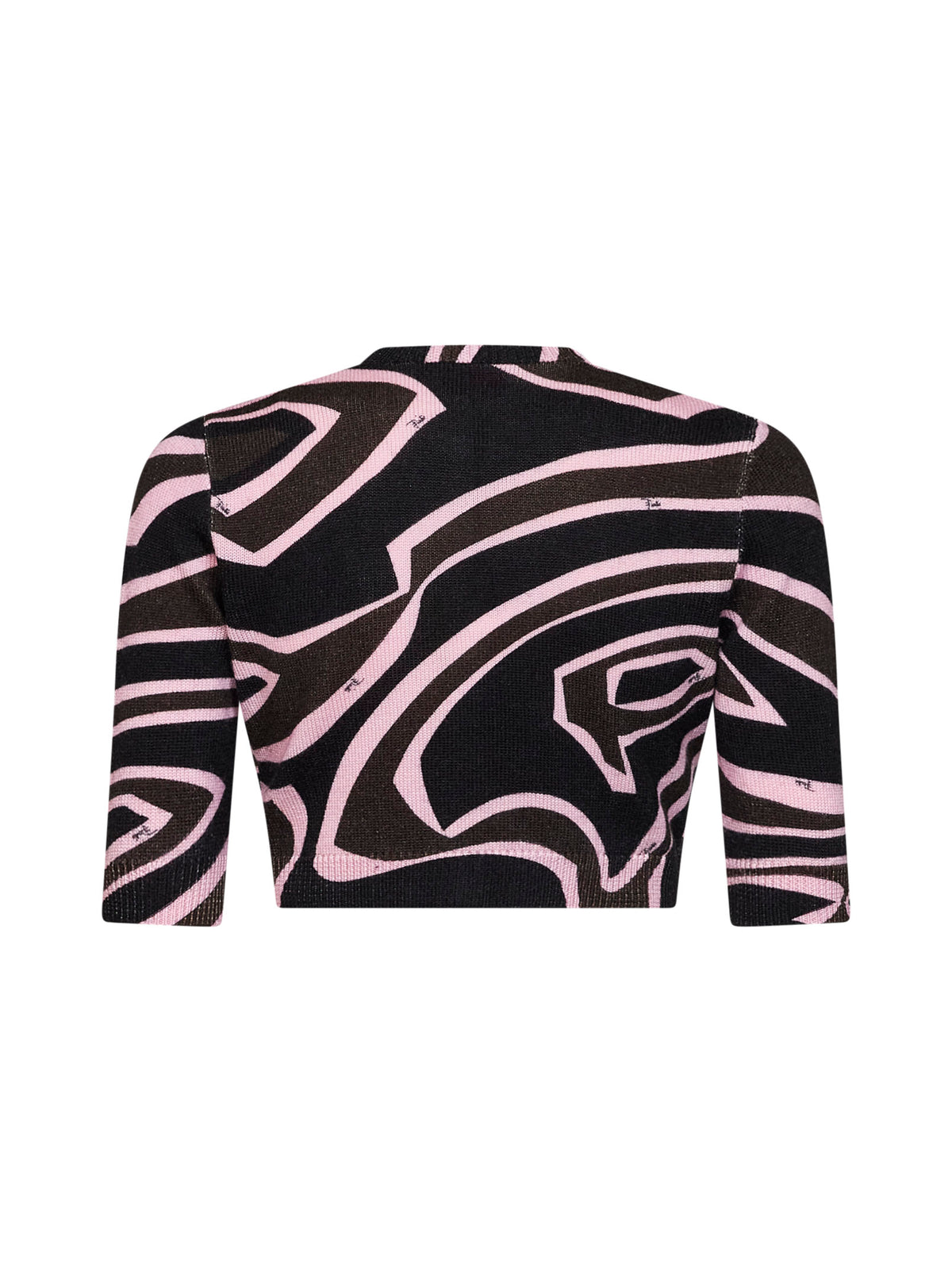 Cardigan crop in maglia di lana stampa Labirinto kaki e rosa