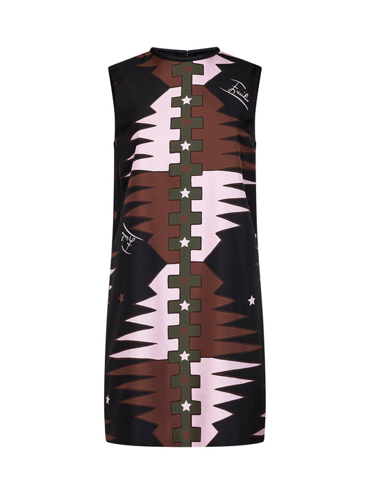 Khaki and pink Valdimontone-print silk twill straight mini dress