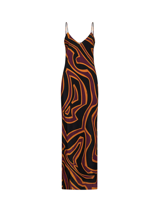 Abito lingerie lungo in in crêpe de Chine stampa Labirinto bordeaux e oro