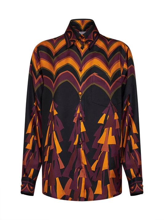Camicia fluida in twill di seta stampa Baiadera bordeaux e oro