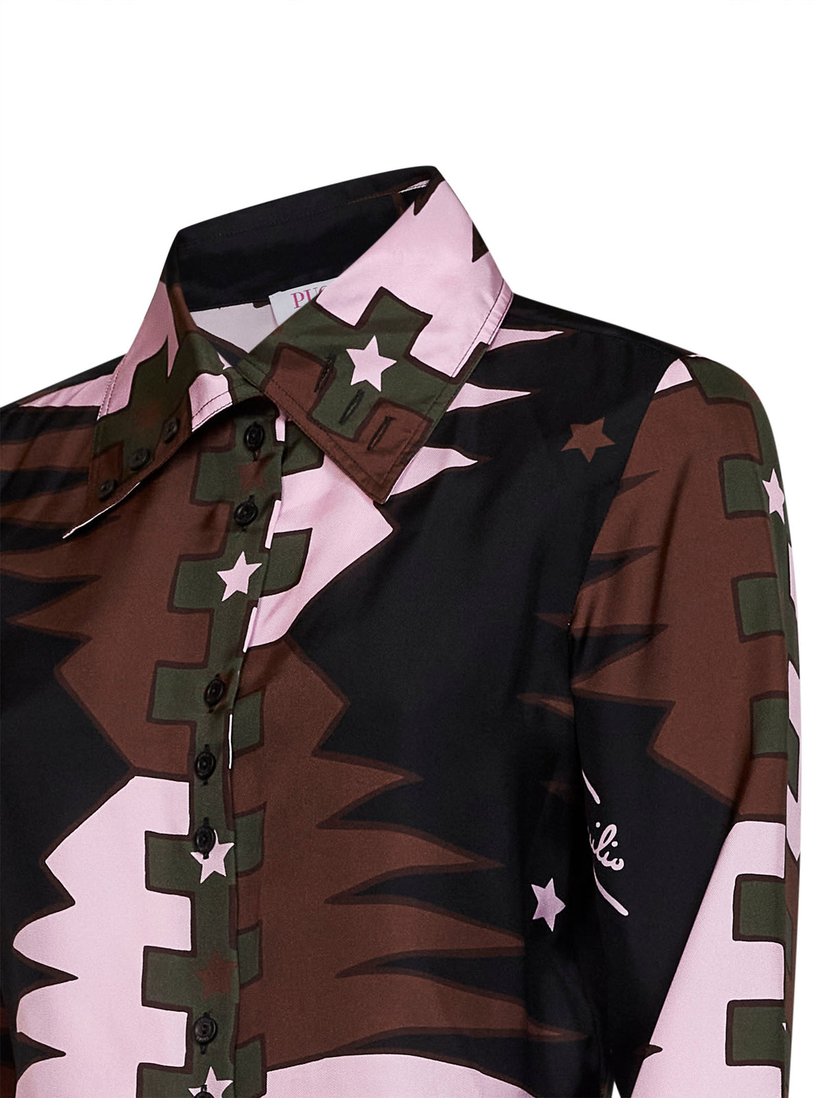 Camicia crop in twill di seta stampa Valdimontone kakie rosa