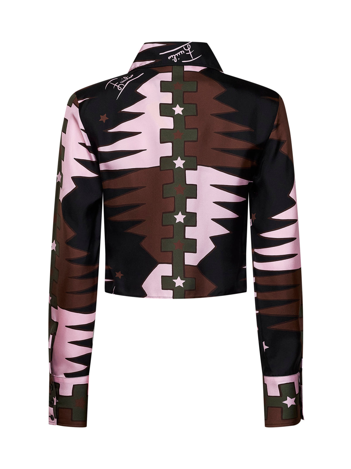 Camicia crop in twill di seta stampa Valdimontone kakie rosa