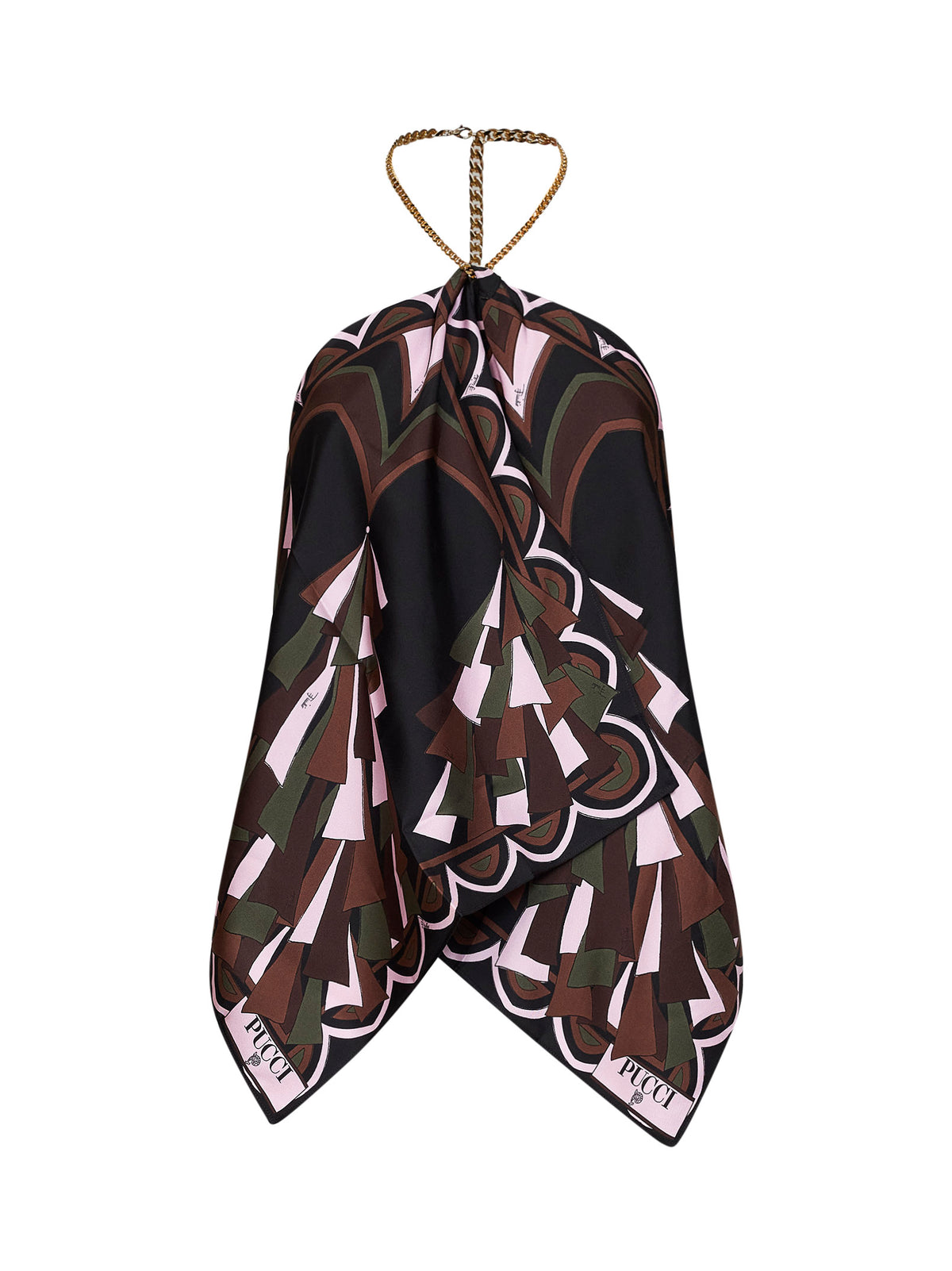 Khaki and pink Baiadera-print silk twill chain top