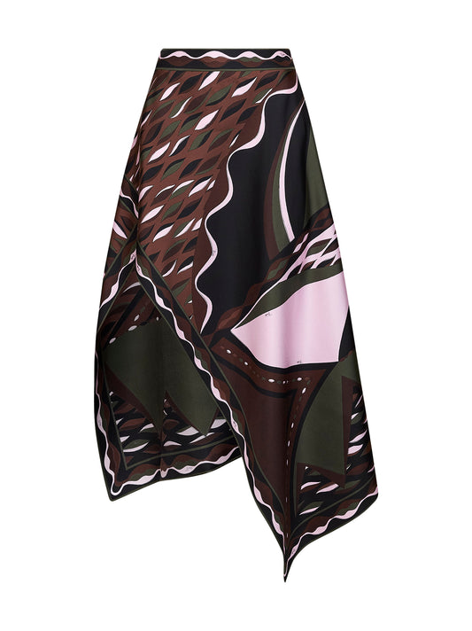 Khaki and pink Dune-print silk twill long scarf-style skirt