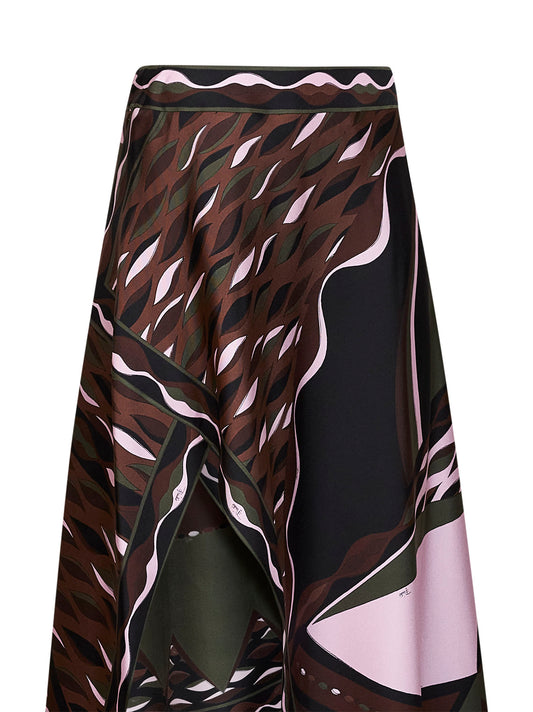 Khaki and pink Dune-print silk twill long scarf-style skirt