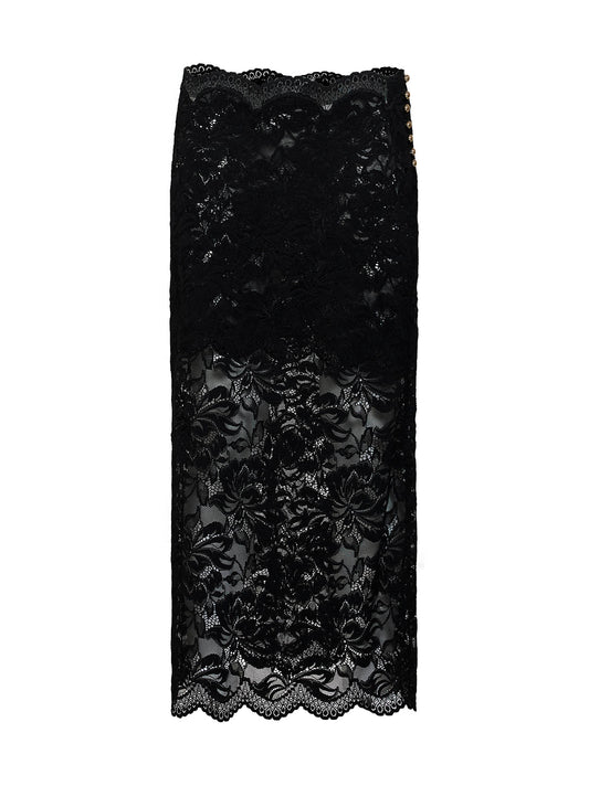 Black stretch floral lace midi skirt