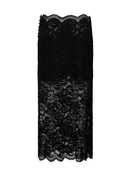 Black stretch floral lace midi skirt