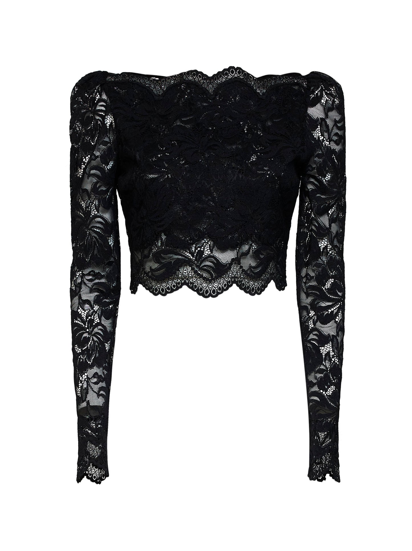 Black stretch floral lace long-sleeved cropped top