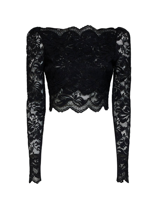 Black stretch floral lace long-sleeved cropped top