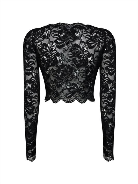 Black stretch floral lace long-sleeved cropped top