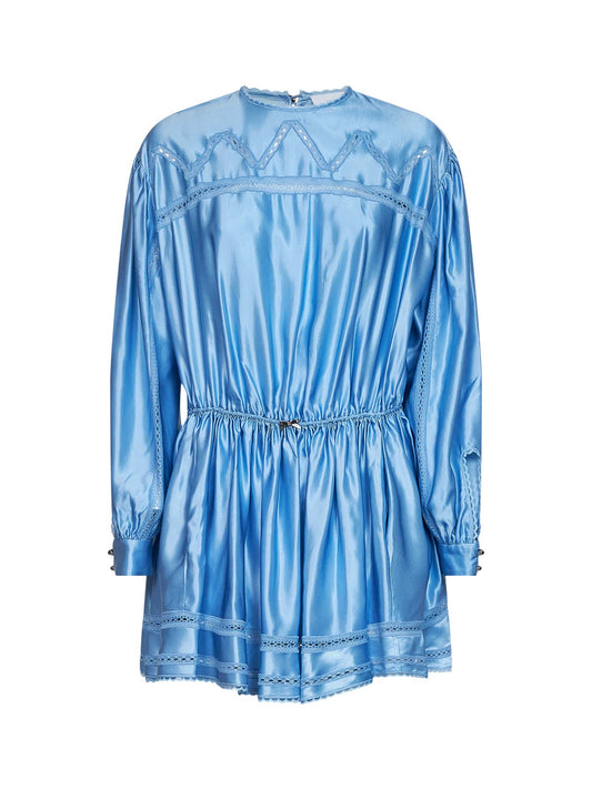 Sunset blue viscose and silk satin mini dress with lace