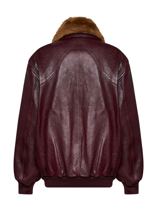 Burgundy textured calf leather bomber jacket