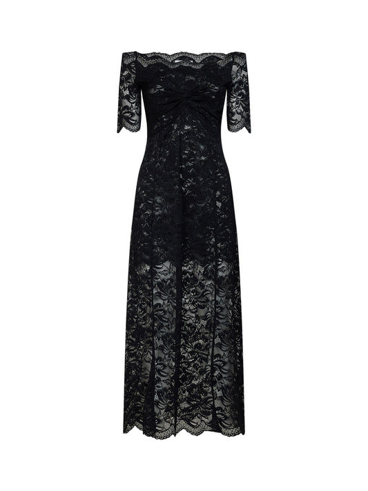 Black layered stretch lace off-the-shoulder maxi dress