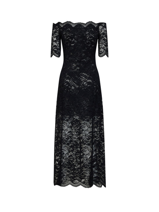 Black layered stretch lace off-the-shoulder maxi dress