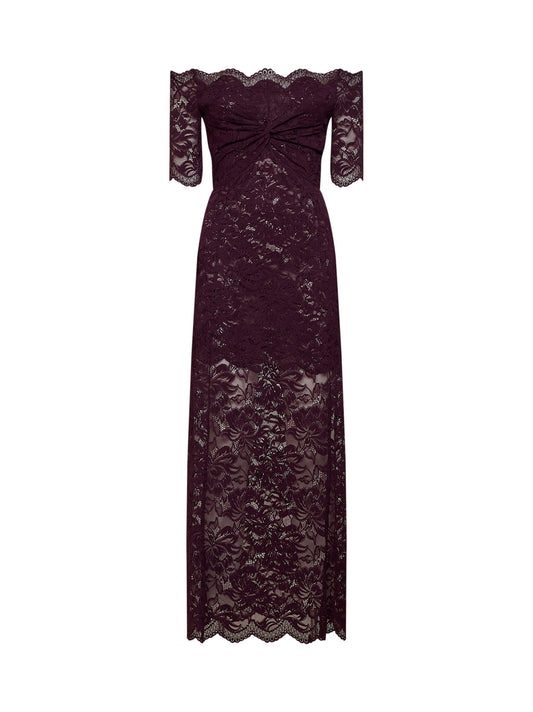 Abito lungo a strati in pizzo floreale stretch viola magenta