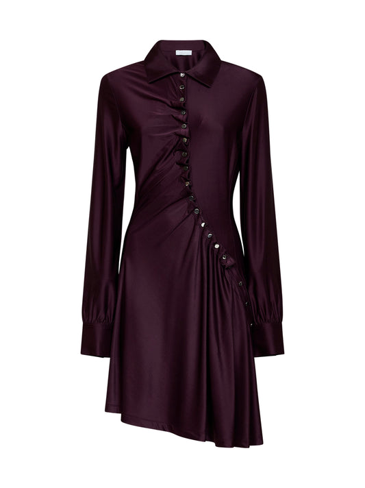 Magenta purple jersey asymmetric gathered mini dress