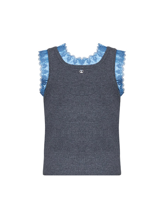 Grey wool and cashmere knit tank top with satin insert