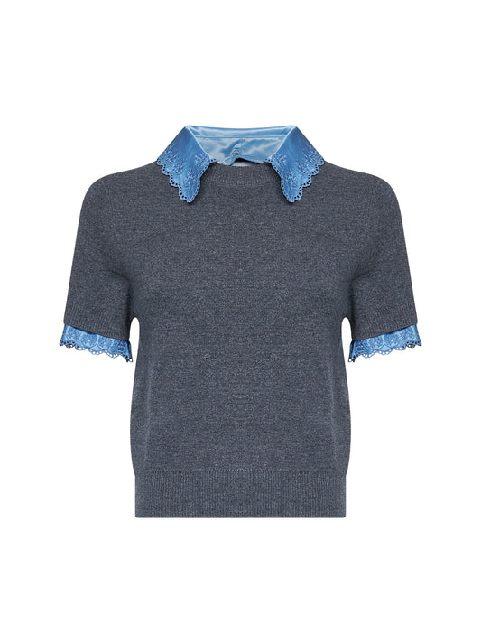 Grey wool and cashmere sweater with satin inserts