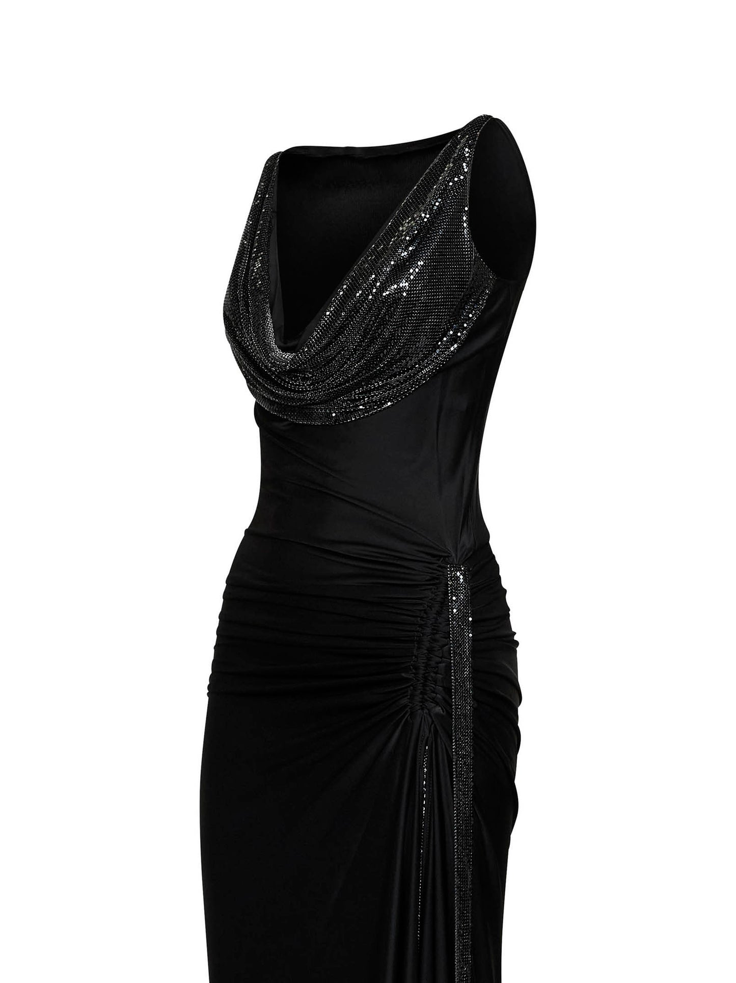 Black viscose jersey and mesh long dress