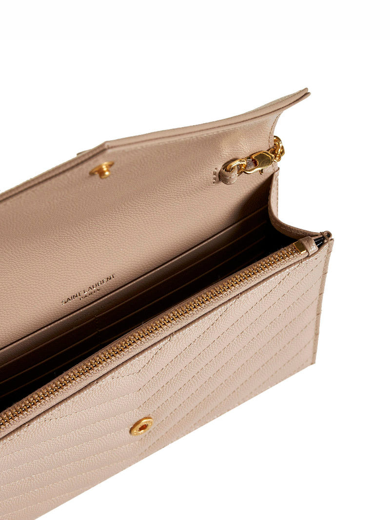 Dark beige Cassandre Classic envelope clutch with chain shoulde strap