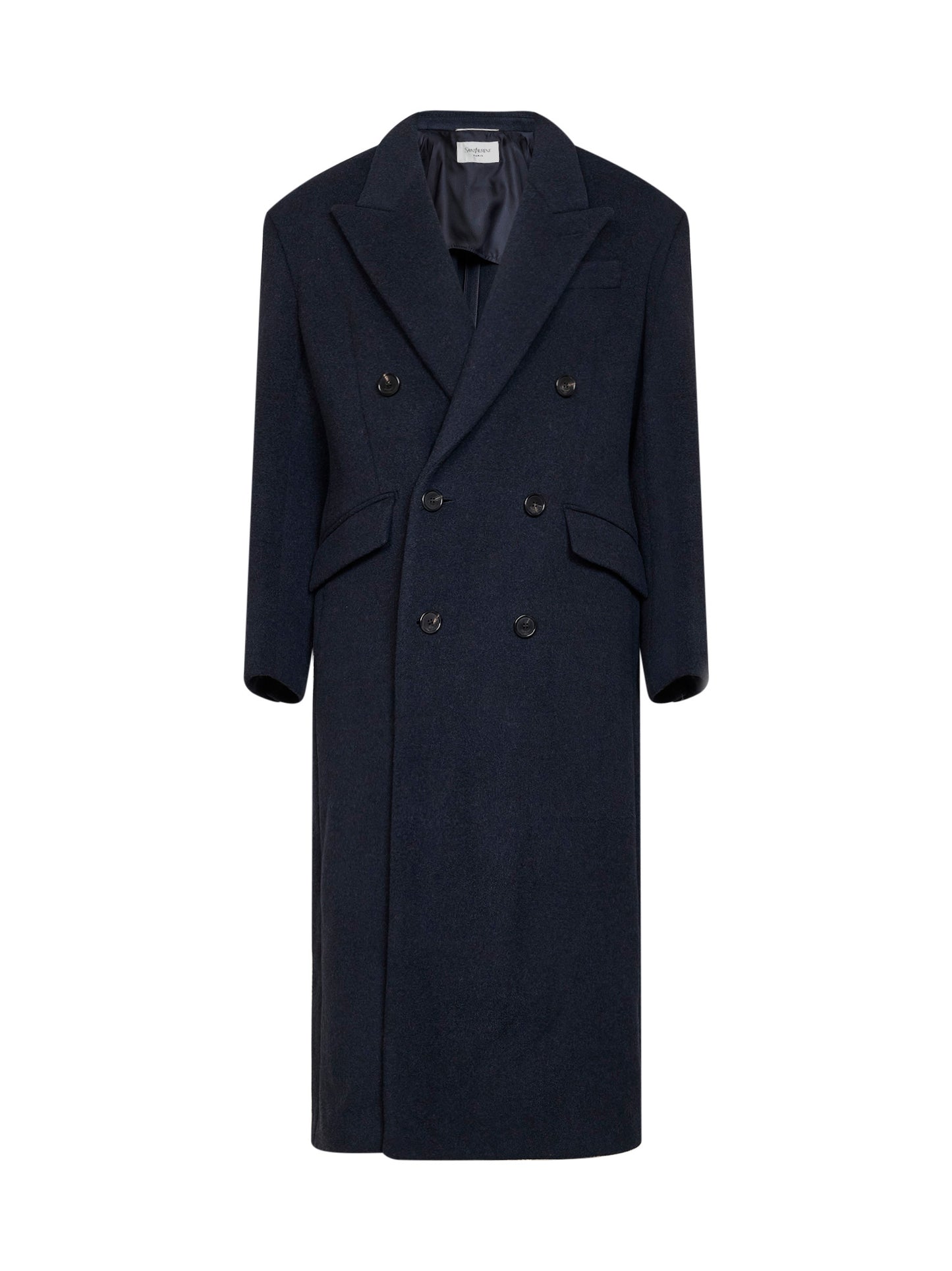 Navy blue double-face wool felt long coat