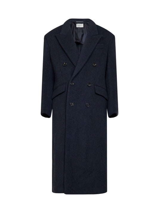 Navy blue double-face wool felt long coat