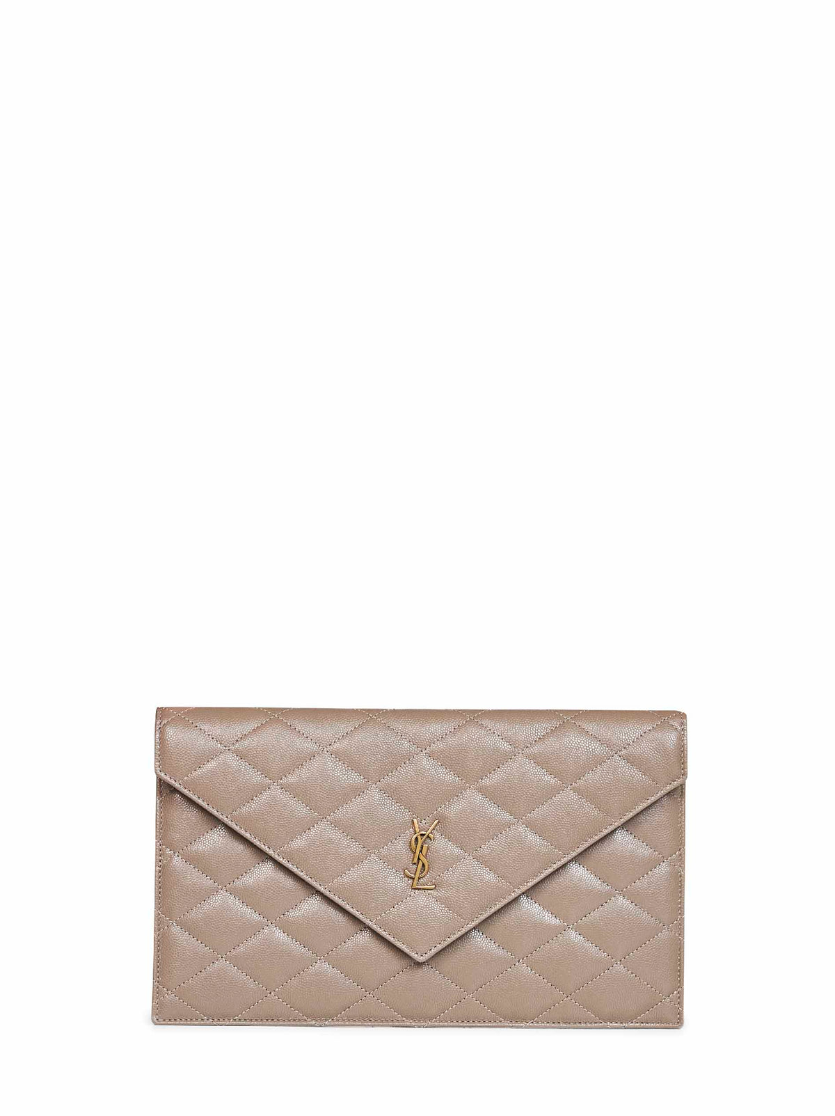 Clutch Paris in pelle goffrata grain de poudre color tortora<BR/>