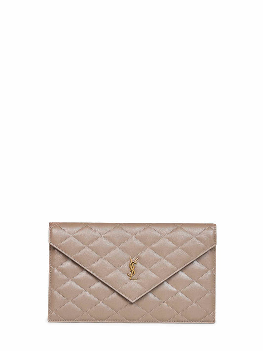 Clutch Paris in pelle goffrata grain de poudre color tortora<BR/>