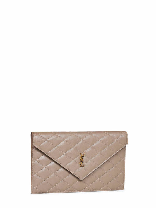 Clutch Paris in pelle goffrata grain de poudre color tortora<BR/>