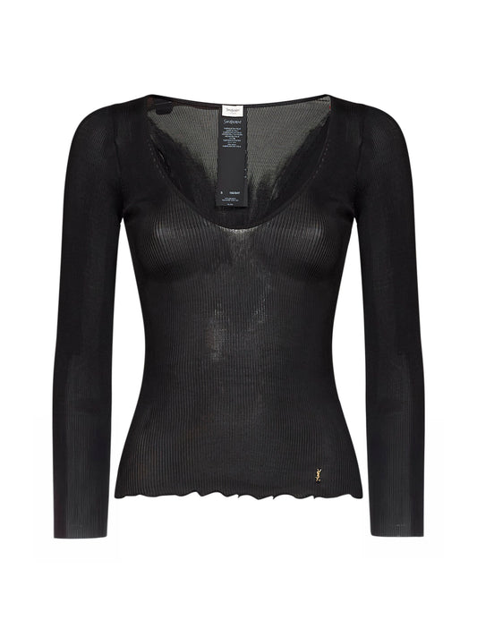 Black ribbed silk knit Cassandre top