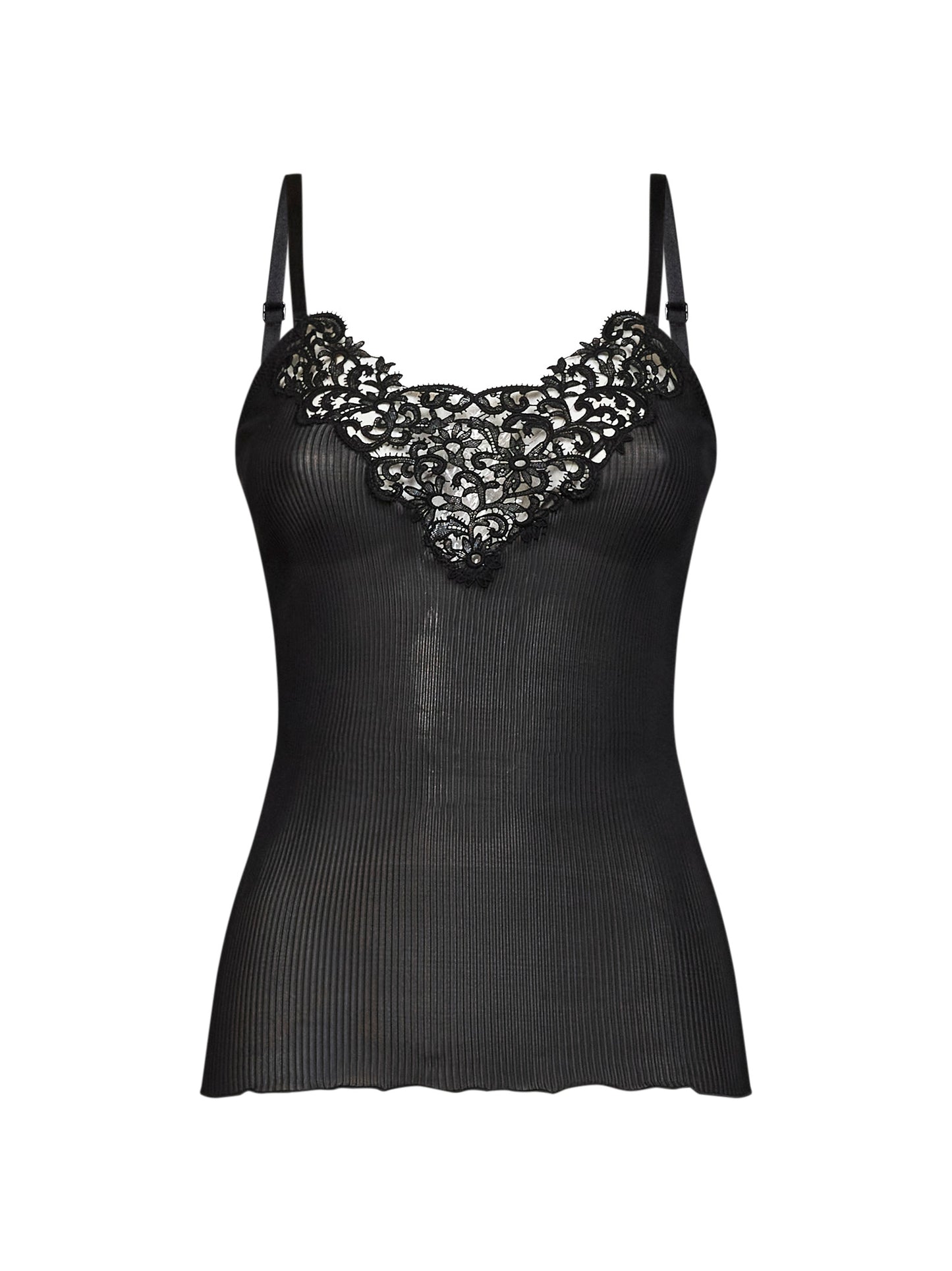 Black ribbed silk knit guipure tank top