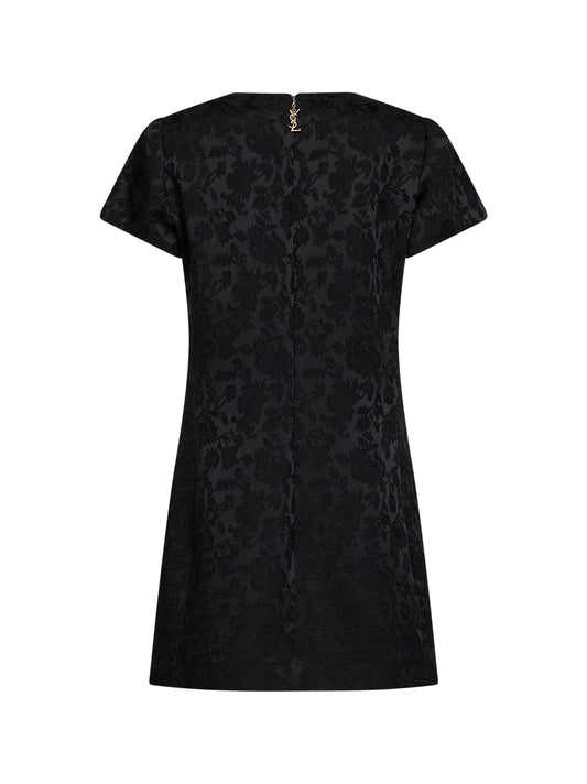 Miniabito in raso jacquard floreale nero