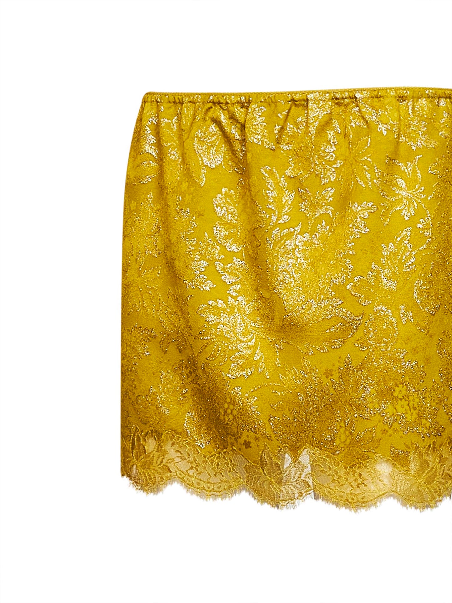 Minigonna barocca in jacquard e pizzo giallo