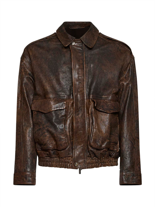 Brown vintage nappa leather bomber jacket