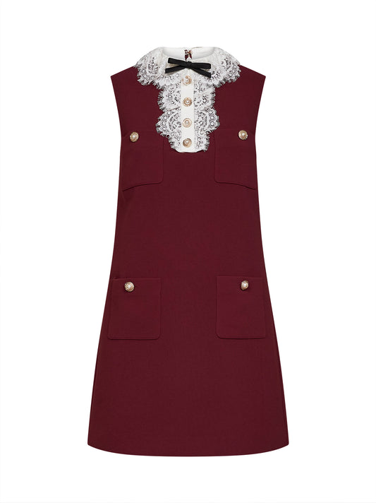 Burgundy crepe mini dress with lace collar