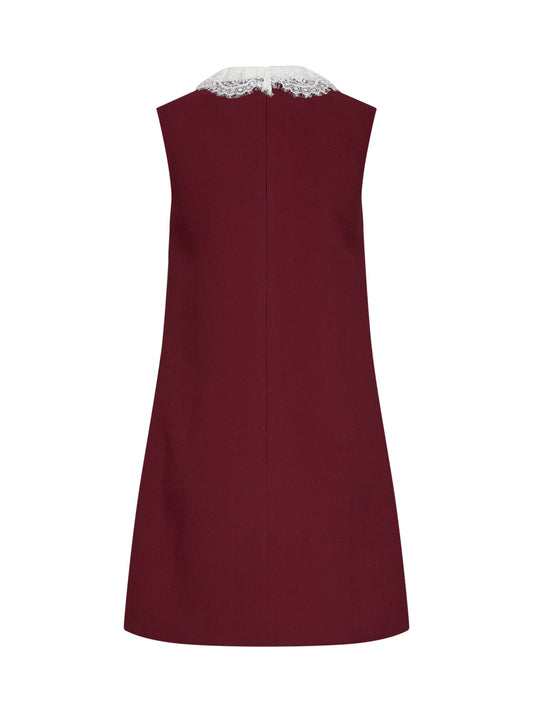 Burgundy crepe mini dress with lace collar