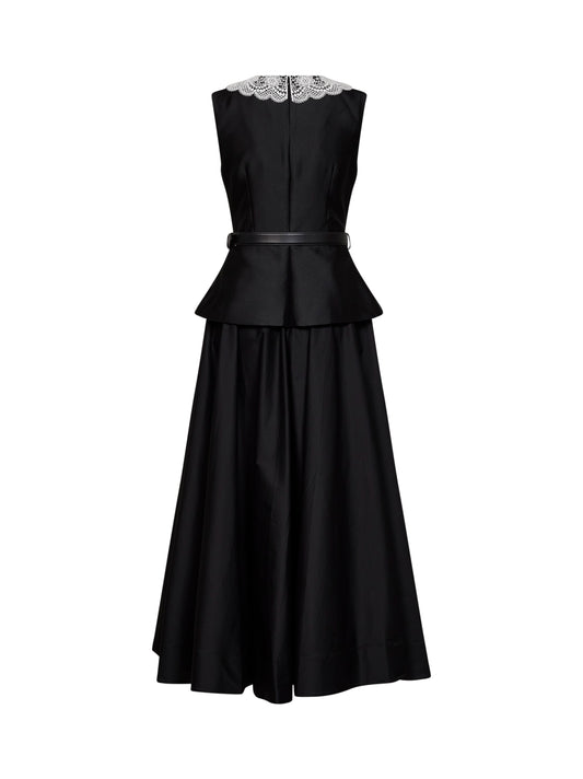 Black taffeta belted peplum midi dress