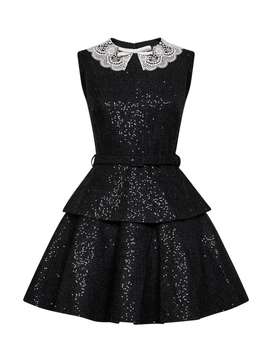 Black sequin bouclé belted peplum mini dress
