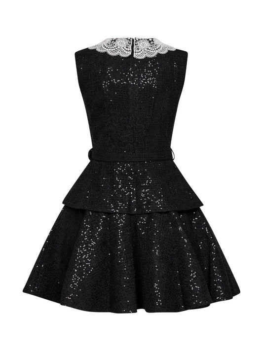 Black sequin bouclé belted peplum mini dress