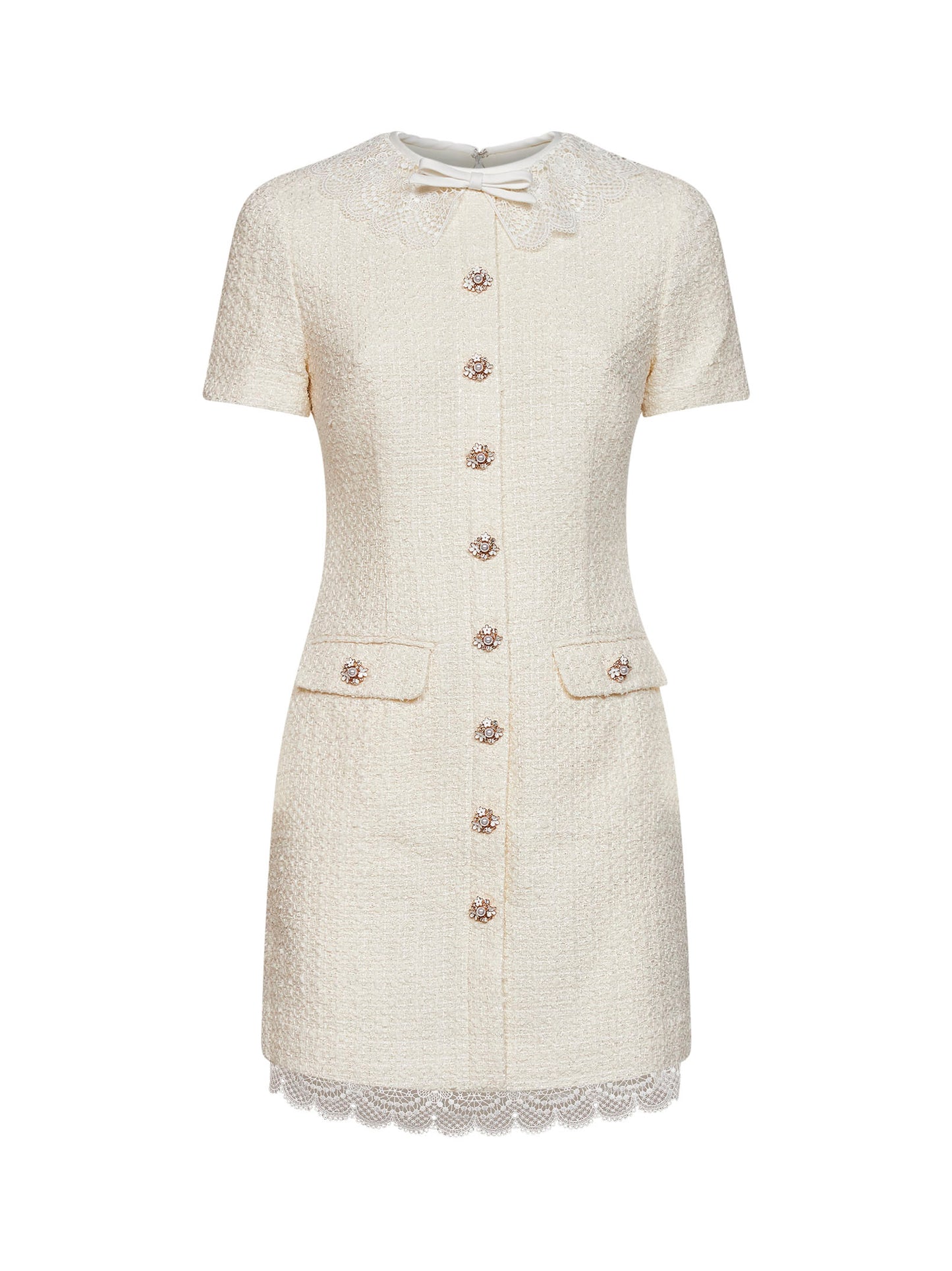 Miniabito sartoriale in bouclé crema con inserti in pizzo