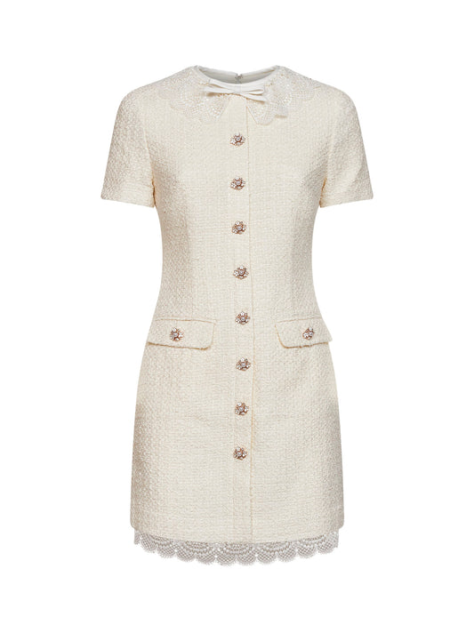 Cream bouclé tailored minidress with lace inserts