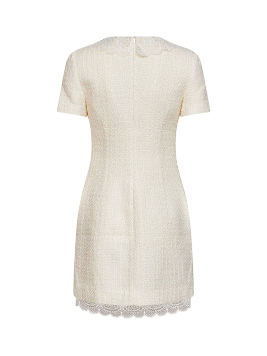 Cream bouclé tailored minidress with lace inserts
