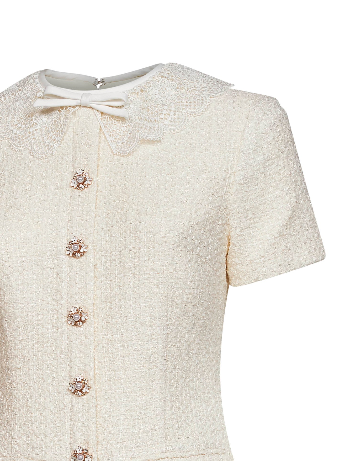 Miniabito sartoriale in bouclé crema con inserti in pizzo