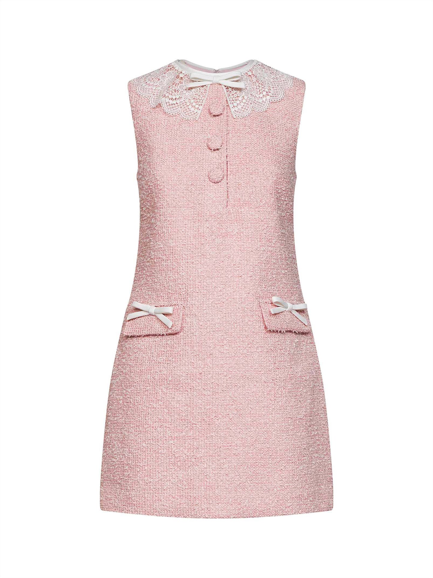 Miniabito in bouclé rosa con colletto in pizzo