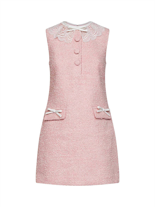 Pink bouclé mini dress with lace collar